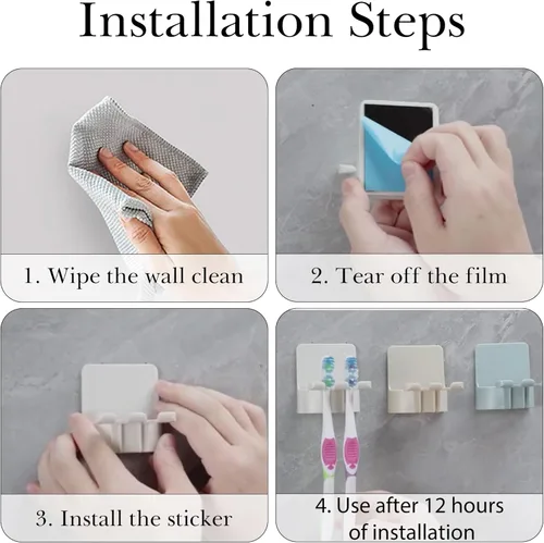 Miniatura 3 de 2 piezas de soportes para cepillo de dientes autoadhesivos montados en la pared, gancho para cepillo de dientes a prueba de agua, 3 en 1