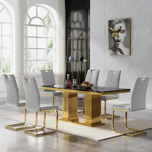 Miniatura 66 de 5 Piece Black Marble Dining Table Set for 4, Modern Faux Marble Kitchen Dining Room Tables with 4 Leather Chairs Set, 68.11" Luxury Rectangular