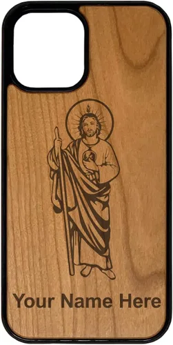 Funda de madera natural compatible con iPhone, San Jude, grabado personalizado incluido (madera de cerezo)