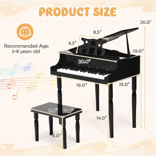 Miniatura 7 de Goplus 30 teclas piano clásico para niños, mini piano de madera estilo grand para aprender a tocar con banco, tapa para piano, estante para música