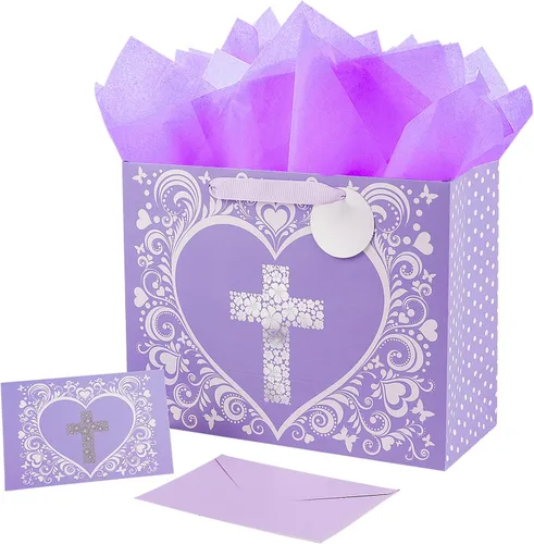 Miniatura 10 de JWSCYSY Bolsa de Regalo Grande de 32 cm Azul con Diseño de Cruz de Estrella Plateada Metálica, Tarjeta y Papel de Seda para Bautizos, Bautismos