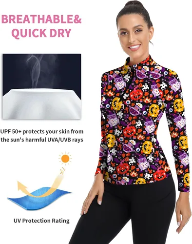 Miniatura 74 de WOWENY Camiseta deportiva de manga larga para mujer, con cremallera de un cuarto, cuello para entrenamiento, camiseta de tenis con estampado