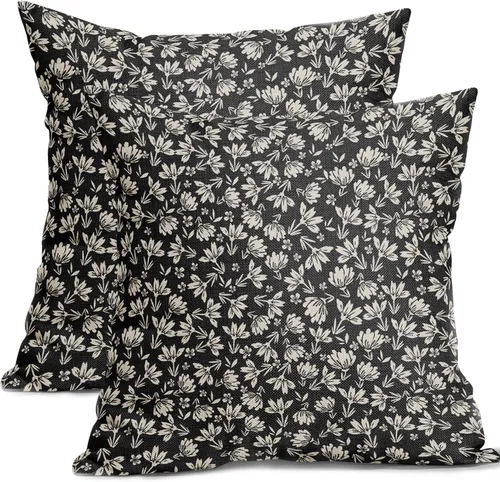 Kawani Juego de 2 fundas de almohada florales vintage de 20 x 20 pulgadas, color negro y crema, con estampado de bloques de flores rústicas,