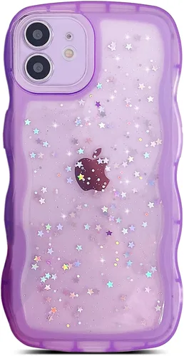 Miniatura 109 de Qokey Funda para iPhone 12 Pro Max de 6.7 pulgadas, diseño de onda rizada, borde transparente, brillante con purpurina, estrella brillante, bonita
