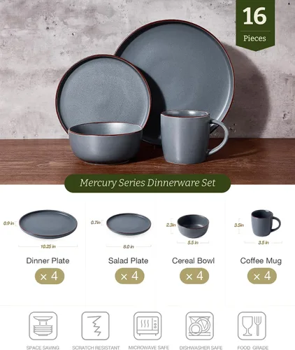 Miniatura 2 de Famiware - Juegos de vajilla Mercury con tazas, servicio para 4 (16 piezas), juegos de platos y cuencos, juego de platos apto para microondas