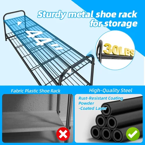 Miniatura 5 de Zapatero de 2 niveles para armario, organizador de almacenamiento de zapatos extra largo de 44 pulgadas para estantes, metal resistente, fácil