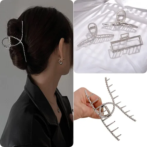 Miniatura 6 de 3 pinzas para el cabello para mujer, pinzas de metal plateado grandes para cabello grueso y delgado, abrazaderas de pasador de atrapado jumbo