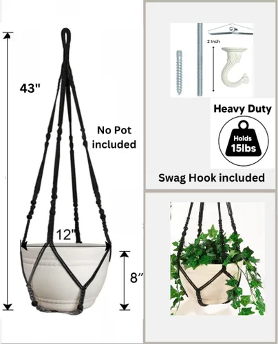 Miniatura 3 de Colgador de Macramé de 43 Pulgadas Grande para Maceta de 12 Pulgadas + Gancho Colgante (Extra Largo y Grande) Maceta Colgante Grande para Plantas