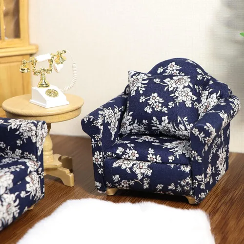 Miniatura 3 de Sofá de casa de muñecas con almohada, sofá miniatura a escala 1 y 12, muebles de sala de estar, marco de tela de madera, silla de lectura Azul