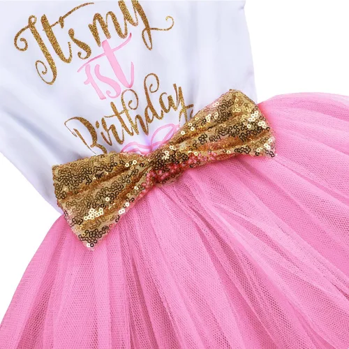 Miniatura 4 de Vestido de tutú de tul con lazo de lentejuelas para recién nacido, con corbatín y texto en inglés "It's My 1st2nd Birthday" para la fiesta