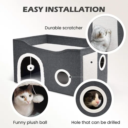 Miniatura 4 de Heeyoo - Casa para gatos de interior, cueva grande con cama para gatos con bola esponjosa y almohadilla para arañar, casas y condominios plegables