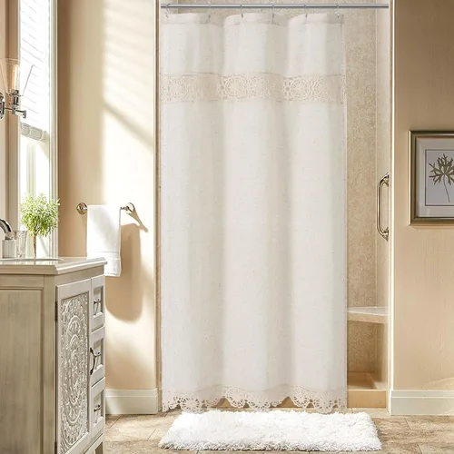 Miniatura 9 de Gibelle Juego de Cortina de Ducha Boho Farmhouse, Cortina de Ducha de Tela de Algodón y Lino con Decoración de Encaje Macramé, Cortina de Baño Beige