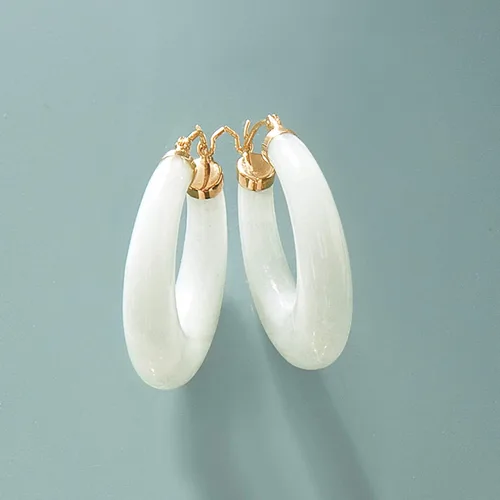 Miniatura 4 de Ross-Simons Aretes redondos de aro de piedras preciosas en oro de 14 quilates de 1 18 pulgadas, Gema, Jade