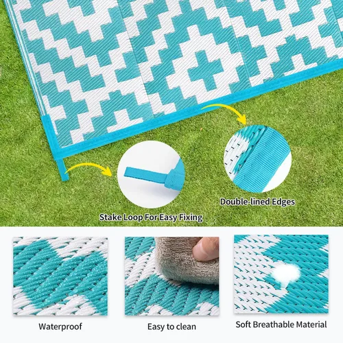 Miniatura 6 de Alfombra de paja de plástico para patio al aire libre, 5 x 8 pies, impermeable, reversible, alfombra de área, patio, caravana, porche, balcón, Azul