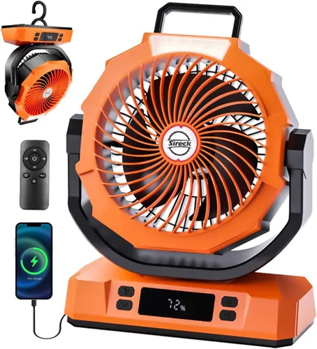 Sireck Ventilador de campamento recargable portátil de 12 pulgadas, ventilador de batería de 40000 mAh con luz LED, pantalla digital, temporizador,
