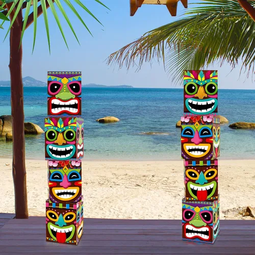 Miniatura 3 de Teling 4 cajas de decoración de fiesta hawaiana Tiki, cajas de recuerdo tropicales de verano para interiores y exteriores, centros de mesa Aloha