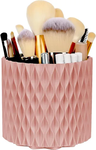 Miniatura 8 de WAFJAMF Organizador de brochas de maquillaje con tapa, organizador giratorio de 360 grados para tocador y baño, 5 ranuras para brochas de Blanco