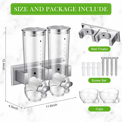 Miniatura 2 de Huwena 4 juegos de contenedores de cereales, 3 litros cada juego, dispensador de cereales montado en la pared, dispensador de alimentos secos
