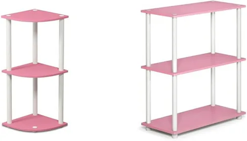 Furinno Turn-N-Tube Estante de exhibición esquinero reversible de 3 niveles, estantería multiusos, rosa/blanco y Turn-N-Tube Estante compacto