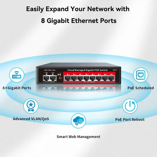Miniatura 8 de Conmutador PoE Gigabit de 8 puertos con 2 enlaces ascendentes Gigabit, compatible con 802.3af/at, 120W de potencia incorporada, conmutador PoE+