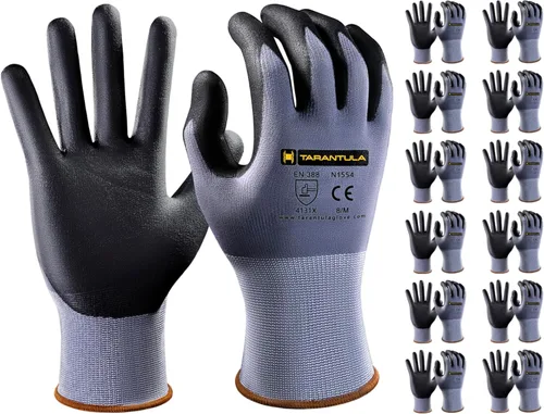 Tarantula Guantes de trabajo de seguridad para uso general, recubiertos de nitrilo, 12 pares, guantes de nailon transpirable de punto sin costuras