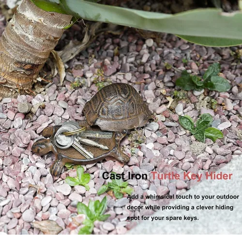 Miniatura 3 de Tortuga de hierro fundido para ocultar una llave al aire libre – Llavero oculto para exteriores – Decoración de jardín de rocas – Marrón antiguo