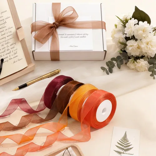 Miniatura 7 de Organza Ribbon Sheer Ribbon, 1" x 125 Yd 5 Rolls Fall for Gift Wrapping, Bouquet, Wedding, Party Decoration, Autumn
