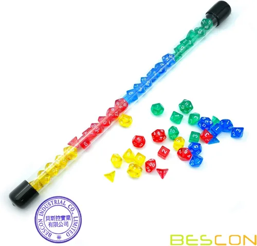 Miniatura 6 de Bescon Juego de 28 dados poliédricos translúcidos coloridos en tubo, para Dungeons and Dragons RPG Dice 4X7pcs,Mini Gem Dice Set