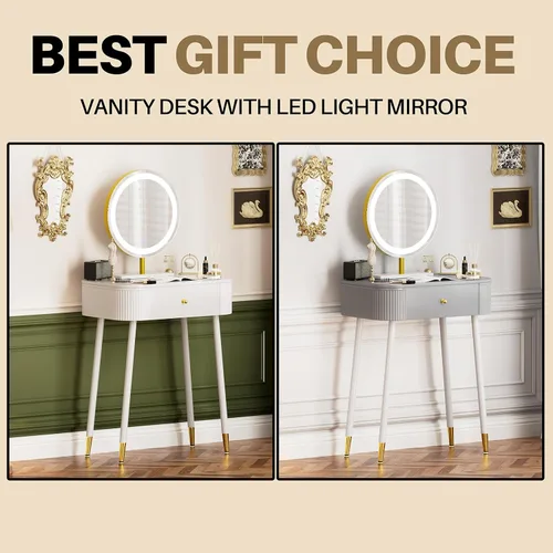 Miniatura 7 de WinZo Mesa de tocador de 24" con espejo y luces, pequeña mesa de tocador de maquillaje con 1 cajón de almacenamiento, elegante mesa de tocador