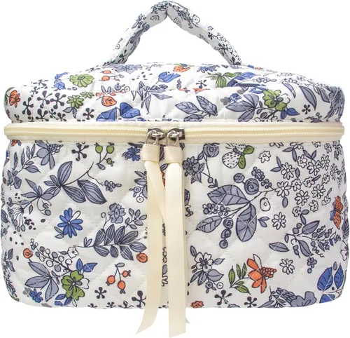 Miniatura 35 de PAZIMIIK - Bolsa de maquillaje de algodón para mujer, grande, acolchada para viaje, Rosa (Bow Pink), Vintage