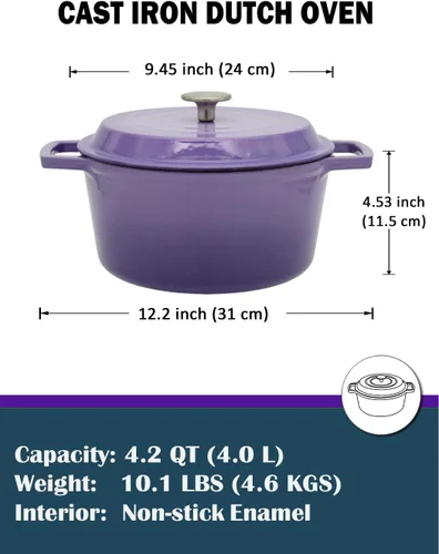 Miniatura 2 de Horno holandés de hierro fundido de 4.2 cuartos de galón con tapa, interior antiadherente esmaltado, apto para horno hasta 500 °F, compatible