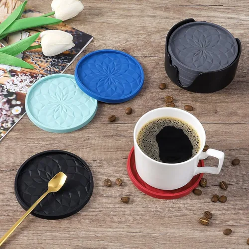Miniatura 6 de ME.FAN Posavasos de silicona con soporte, para beber, para bebidas calientes o frías, gruesos, antideslizantes, antiadherentes y estilo bandeja Negro