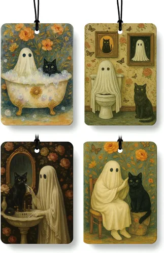Miniatura 16 de Ambientador de coche para amantes de los libros de fantasmas de Halloween, 4 piezas, retro Spook Ghost Reading Books Ambientador colgante
