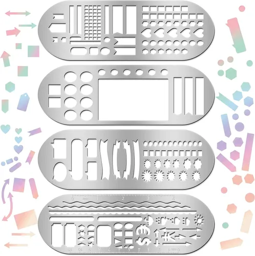 Miniatura 7 de Chinco 4 Pieces Stencils Metal Journal Template 7.9 x 2.4 Inches Bookmark Ruler School Supplies Stainless Steel Stencils Set for DIY, Engraving