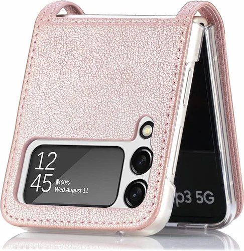 Miniatura 4 de Funda para Galaxy Z Flip 4 5G, cartera de piel sintética de lujo, color oro rosa, ranuras para tarjetas, protección completa, ajuste delgado