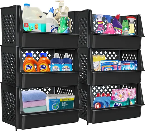 Miniatura 8 de TidyFriend - Paquete de 4 cubos de almacenamiento apilables grandes con frente abierto para organizadores y almacenamiento de despensa, Negro