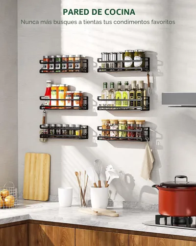 Miniatura 5 de Doakhirmit Estante de especias montado en la pared con 16 ganchos, estante organizador de especias de madera rústica para puerta de despensa