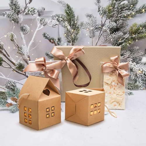 Miniatura 5 de Cajas de regalo en forma de casa, 10 bolsas de mano para dulces y galletas, papel kraft ecológico, perfecto para fiestas de vacaciones, bodas