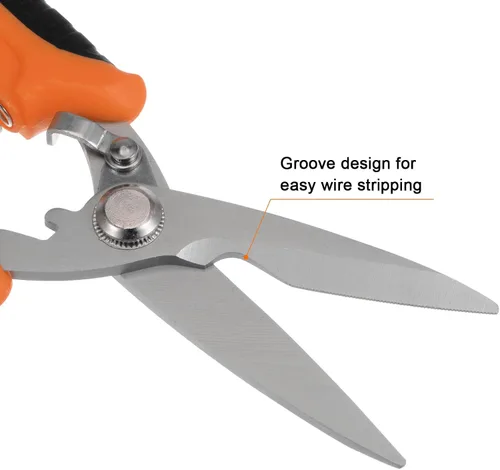 Miniatura 5 de HARFINGTON Tijeras industriales de 8 pulgadas de acero inoxidable tijeras cuchillas con mango negro naranja para cortar hojas finas de cobre de metal