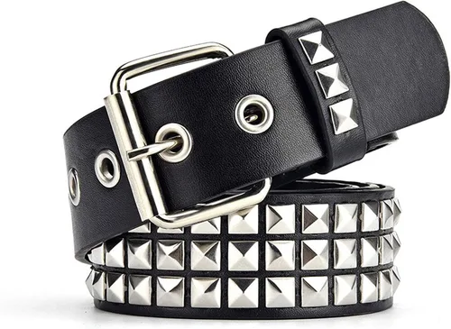 Cinturón negro con tachuelas punk rock remache cinturón con ojales y pirámide de metal brillante para mujeres y hombres