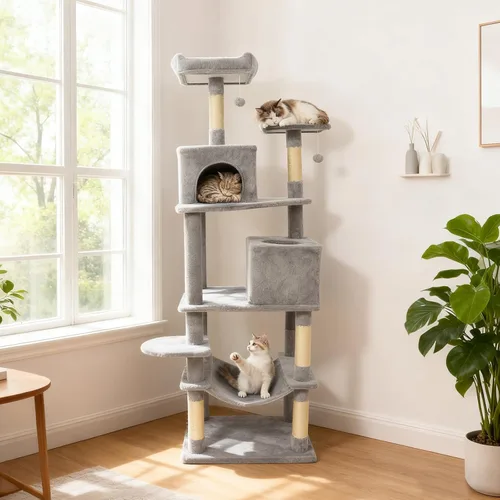 Miniatura 9 de DORTALA Árbol moderno para gatos de 75 pulgadas de alto, torre para gatos de varios niveles con condominios grandes, postes rascadores de sisal