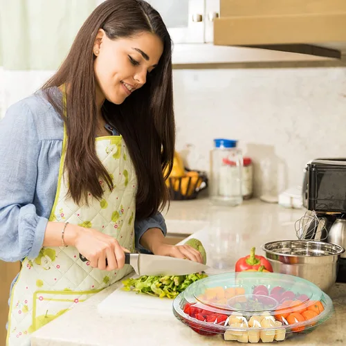 Miniatura 6 de 10 bandejas redondas de plástico para aperitivos con tapa, bandeja dividida para servir, bandejas desechables para almacenamiento de alimentos