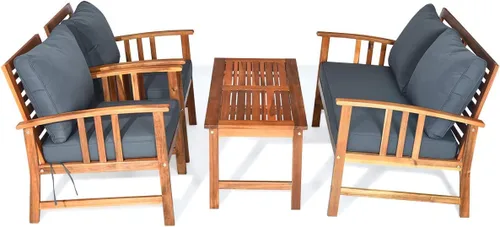 Miniatura 4 de Tangkula - Juego de muebles de madera de 4 piezas para patio o exteriores, banco, mesa y dos sillas, con cojines
