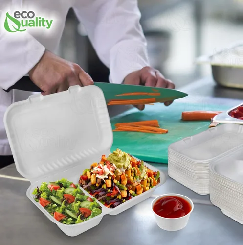 Miniatura 8 de Compostable 2 compartimentos rectangulares con bisagras Clamshell Take Out Contenedores de alimentos 9x6x3,Calidad resistente desechable para llevar