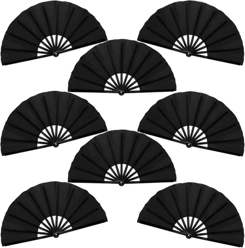 Lawei Paquete de 8 ventiladores de mano plegables grandes de 13 pulgadas, abanicos de mano con marco de plástico negro con tela de nailon, fanáticos