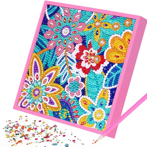 Miniatura 7 de ZUYUSUT Kits de pintura de diamantes de flores para niños con marco de madera para niñas, manualidades, diamantes de imitación por números, kits