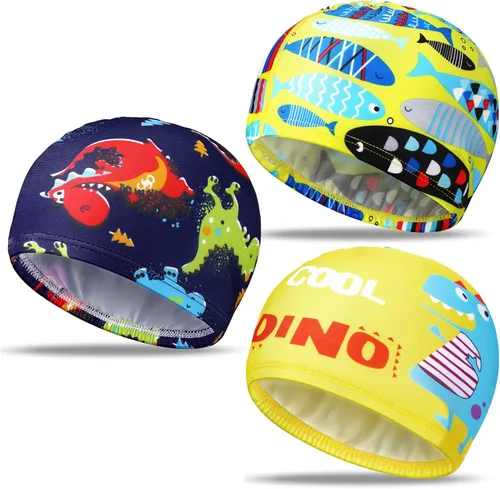 Miniatura 15 de Geyoga 3 piezas de gorras de natación para niños y niñas, gorras de natación para niños de 2 a 12 años, gorro de natación para piscina, gorro de Azul