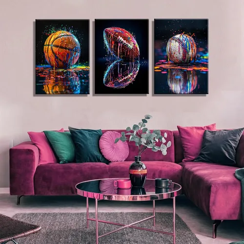 Miniatura 7 de 3 piezas de arte de pared en lienzo deportivo de graffiti para habitación de niños, rústico, fútbol, béisbol, fútbol americano, rugby, decoración