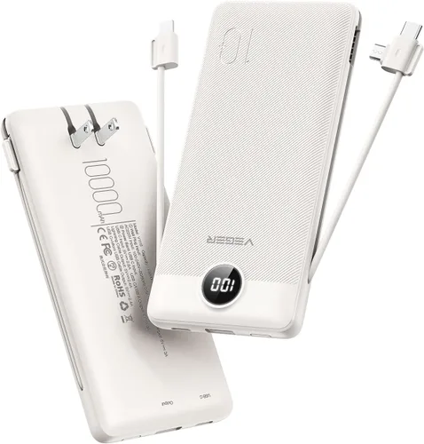 VEGER Cargador Portátil con Enchufe de CA Integrado y Cables, Todo en Uno 10000mAh Batería Externa Ultra Delgada Esenciales de Viaje, Paquete de