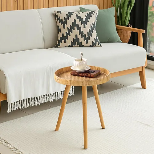 Miniatura 7 de Mesa auxiliar redonda, mesa auxiliar circular bohemia con patas de madera maciza, mesas auxiliares de ratán, sala de estar para espacios pequeños